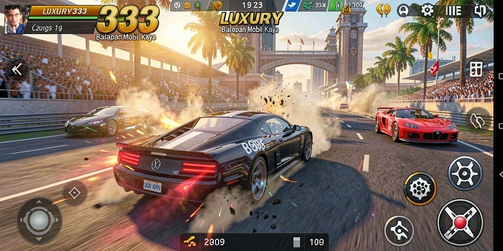 Tangkapan layar gameplay balapan mobil yang intens dan mendebarkan.