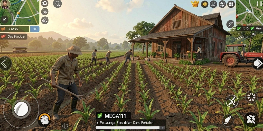 Screenshot gameplay MEGA111 menampilkan suasana kebun yang indah dan aktivitas bertani.