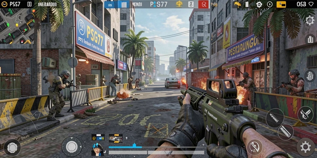 Screenshot gameplay PSG77 menampilkan aksi tembak-menembak yang mendebarkan.