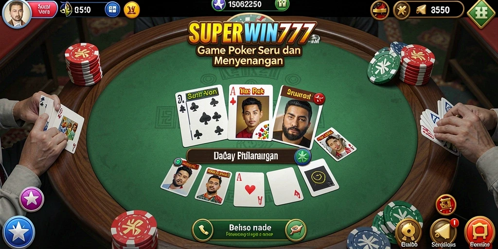 Screenshot dari <strong>SUPERWIN777</strong> menampilkan aksi seru permainan poker di layar.