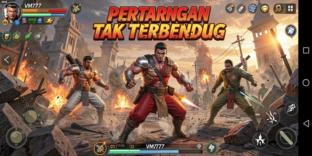 Screenshot utama VM777 menampilkan pertarungan seru dengan karakter yang bertarung di arena.