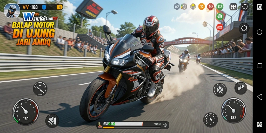 Screenshot gameplay VW108 menunjukkan ajang balap motor yang mendebarkan.