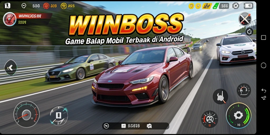 Screenshot gameplay WINBOSS menampilkan balapan mendebarkan dengan mobil yang melaju kencang.